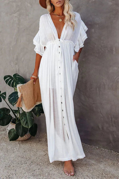 Isleen Dress | Airy V-Neck Maxi Dress with Ruffled Sleeves and Buttons