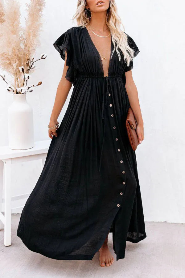 Isleen Dress | Airy V-Neck Maxi Dress with Ruffled Sleeves and Buttons