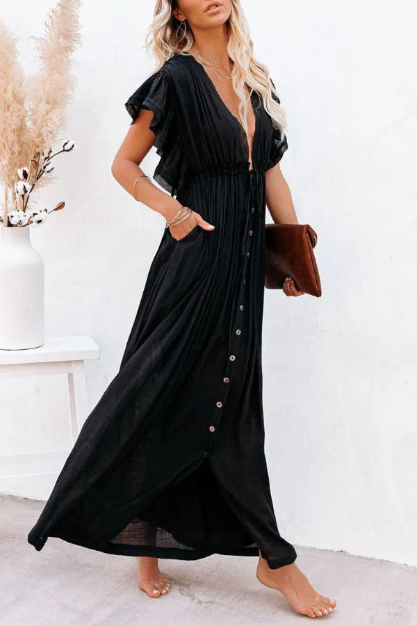 Isleen Dress | Airy V-Neck Maxi Dress with Ruffled Sleeves and Buttons