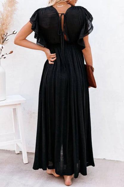 Isleen Dress | Airy V-Neck Maxi Dress with Ruffled Sleeves and Buttons