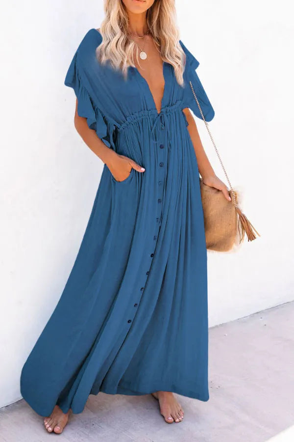 Isleen Dress | Airy V-Neck Maxi Dress with Ruffled Sleeves and Buttons