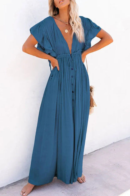 Isleen Dress | Airy V-Neck Maxi Dress with Ruffled Sleeves and Buttons