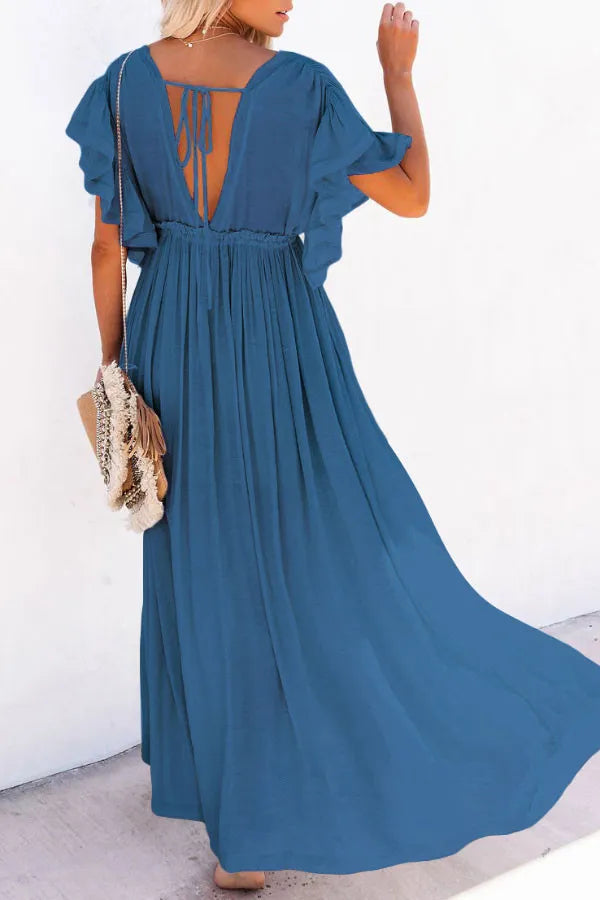 Isleen Dress | Airy V-Neck Maxi Dress with Ruffled Sleeves and Buttons