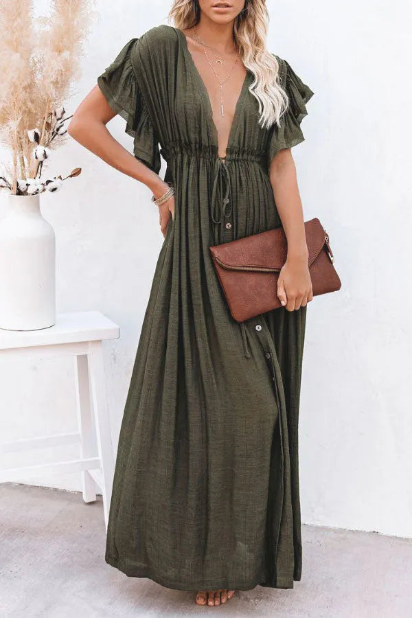 Isleen Dress | Airy V-Neck Maxi Dress with Ruffled Sleeves and Buttons