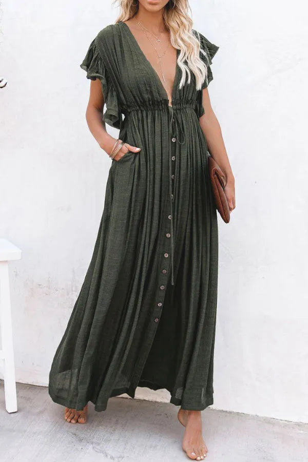 Isleen Dress | Airy V-Neck Maxi Dress with Ruffled Sleeves and Buttons
