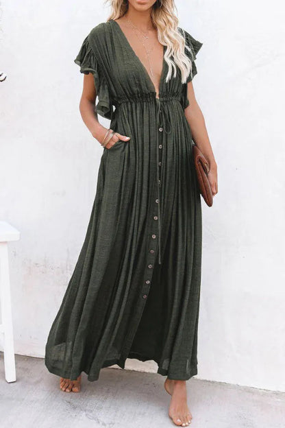 Isleen Dress | Airy V-Neck Maxi Dress with Ruffled Sleeves and Buttons