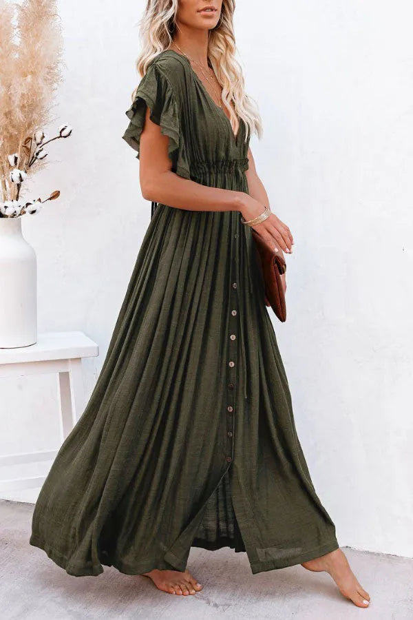 Isleen Dress | Airy V-Neck Maxi Dress with Ruffled Sleeves and Buttons