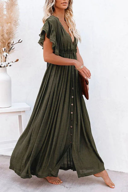 Isleen Dress | Airy V-Neck Maxi Dress with Ruffled Sleeves and Buttons