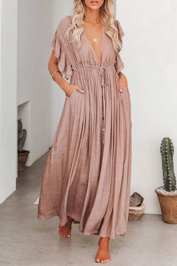 Isleen Dress | Airy V-Neck Maxi Dress with Ruffled Sleeves and Buttons
