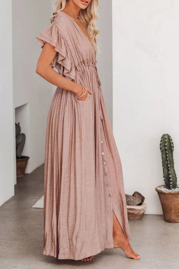 Isleen Dress | Airy V-Neck Maxi Dress with Ruffled Sleeves and Buttons