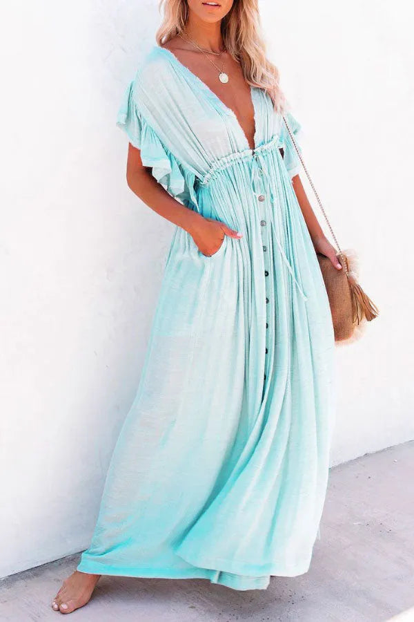 Isleen Dress | Airy V-Neck Maxi Dress with Ruffled Sleeves and Buttons