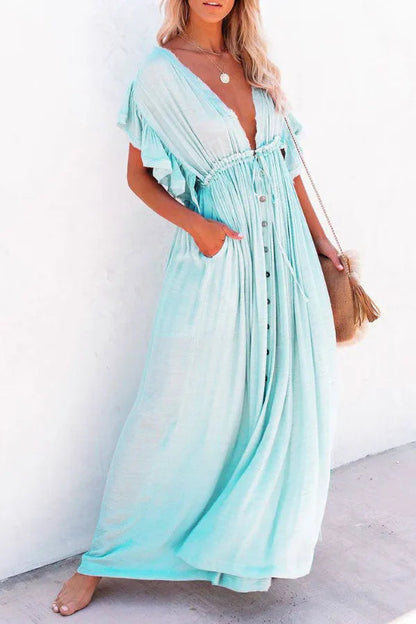 Isleen Dress | Airy V-Neck Maxi Dress with Ruffled Sleeves and Buttons