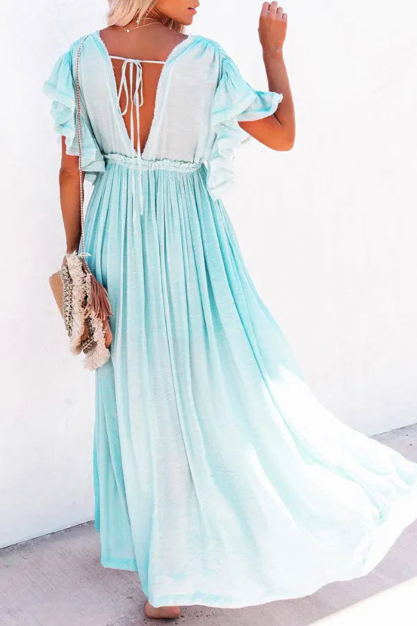 Isleen Dress | Airy V-Neck Maxi Dress with Ruffled Sleeves and Buttons