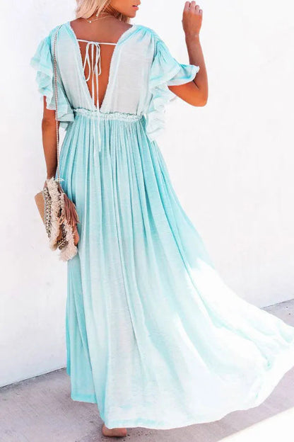 Isleen Dress | Airy V-Neck Maxi Dress with Ruffled Sleeves and Buttons