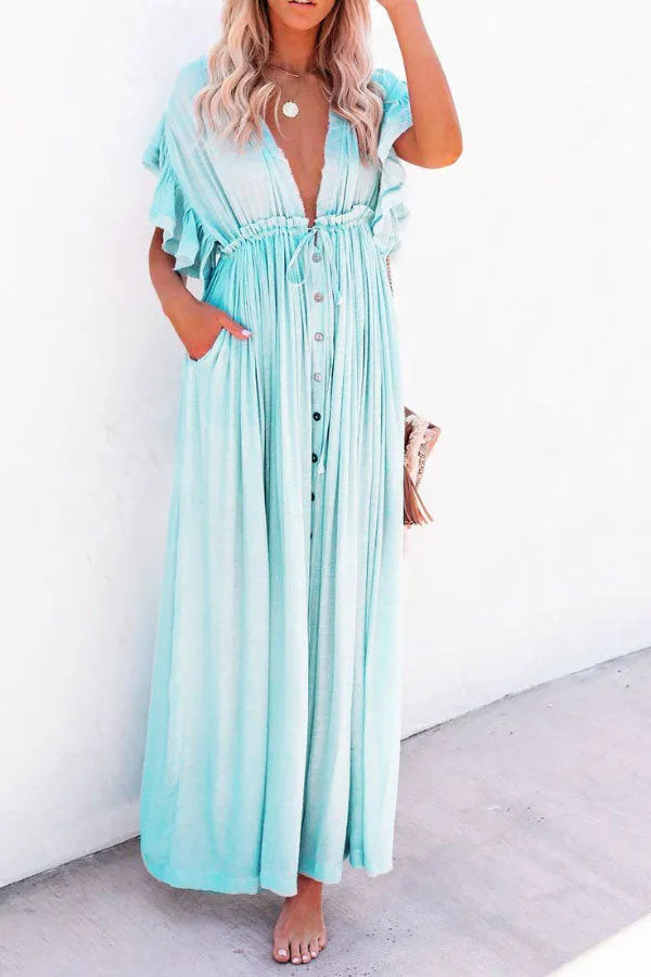 Isleen Dress | Airy V-Neck Maxi Dress with Ruffled Sleeves and Buttons