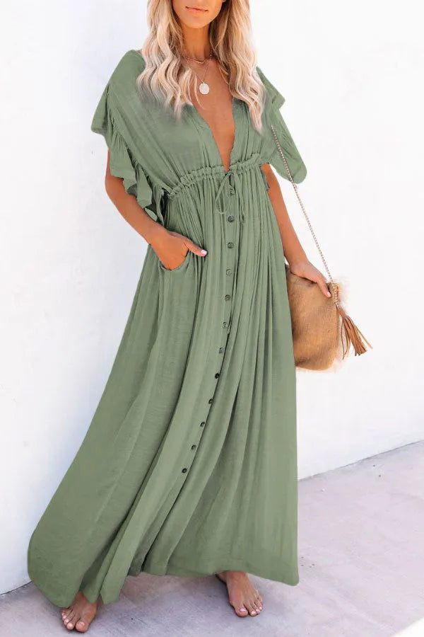 Isleen Dress | Airy V-Neck Maxi Dress with Ruffled Sleeves and Buttons