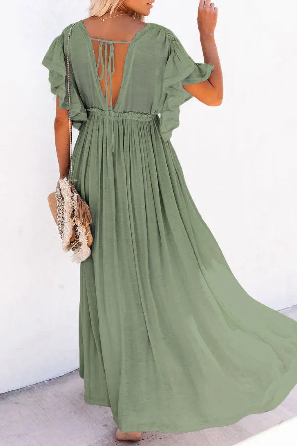 Isleen Dress | Airy V-Neck Maxi Dress with Ruffled Sleeves and Buttons