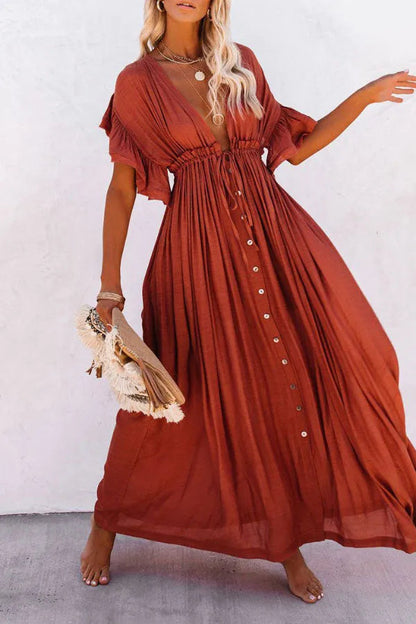 Isleen Dress | Airy V-Neck Maxi Dress with Ruffled Sleeves and Buttons