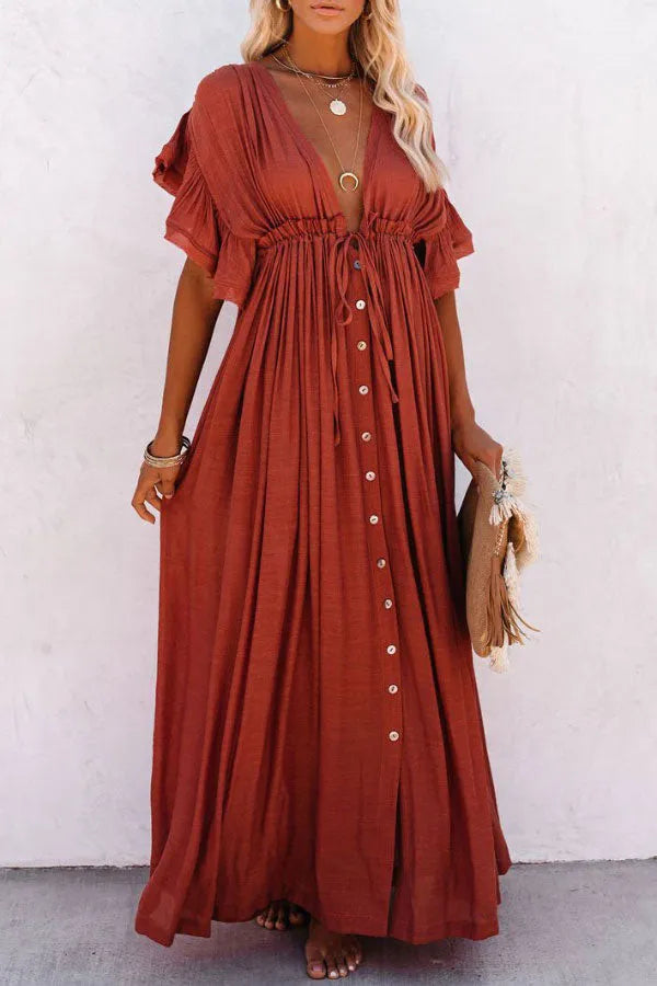 Isleen Dress | Airy V-Neck Maxi Dress with Ruffled Sleeves and Buttons