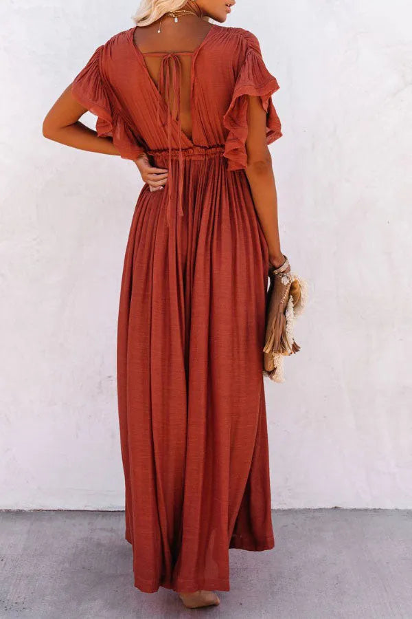 Isleen Dress | Airy V-Neck Maxi Dress with Ruffled Sleeves and Buttons