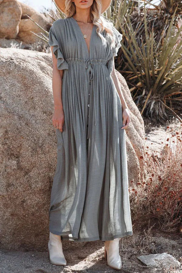 Isleen Dress | Airy V-Neck Maxi Dress with Ruffled Sleeves and Buttons