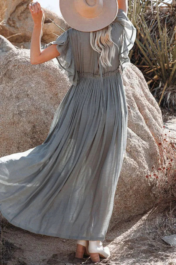 Isleen Dress | Airy V-Neck Maxi Dress with Ruffled Sleeves and Buttons