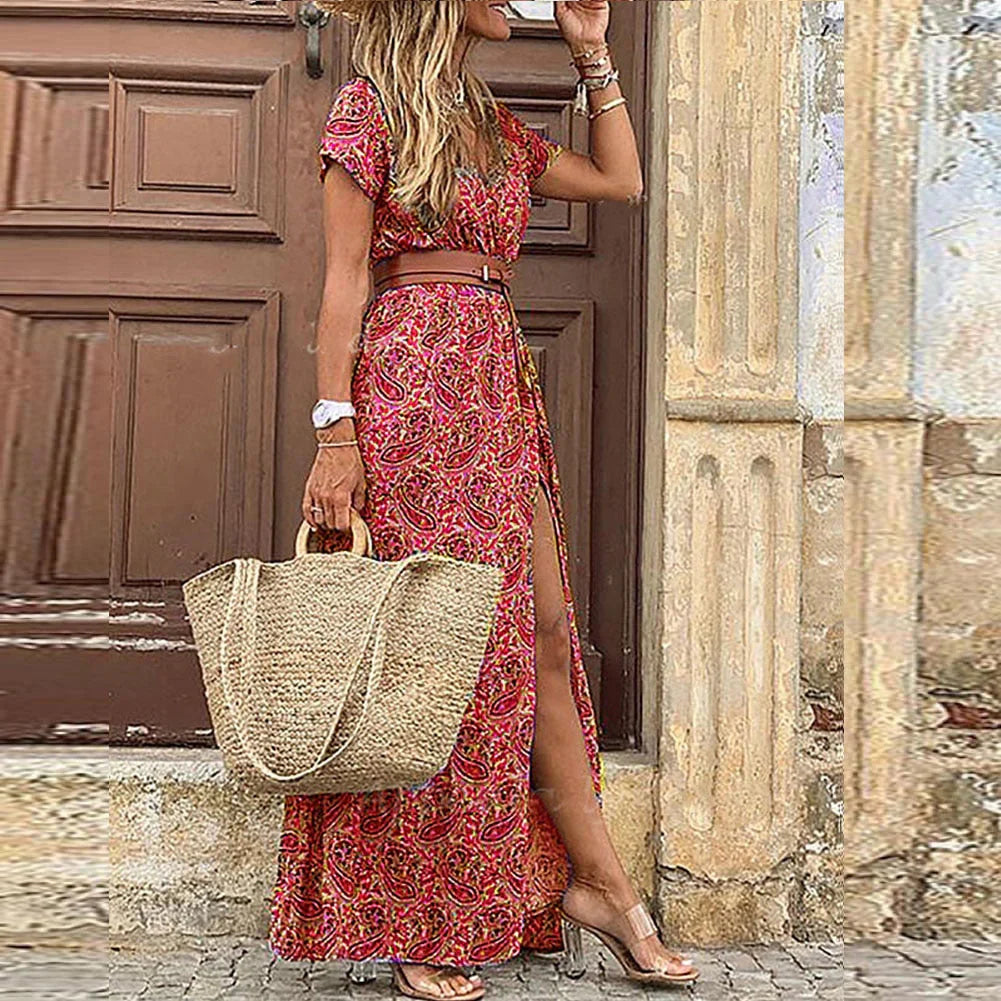 Iva Dress | Short Sleeve Boho V-Neck Maxi Dress