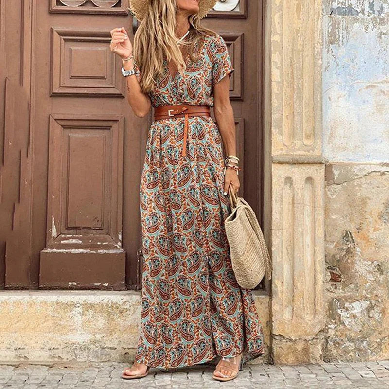 Iva Dress | Short Sleeve Boho V-Neck Maxi Dress