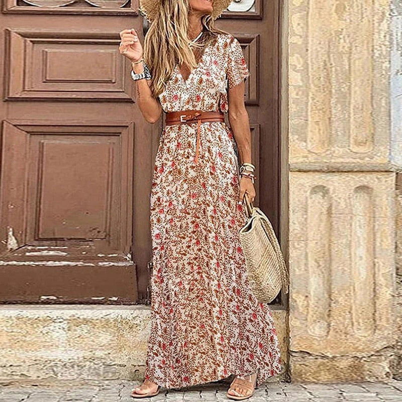 Iva Dress | Short Sleeve Boho V-Neck Maxi Dress