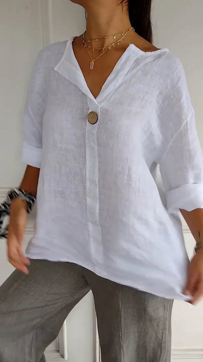 Ivory Blouse | Loose Fit 3/4 Sleeve Casual Button-Front Top