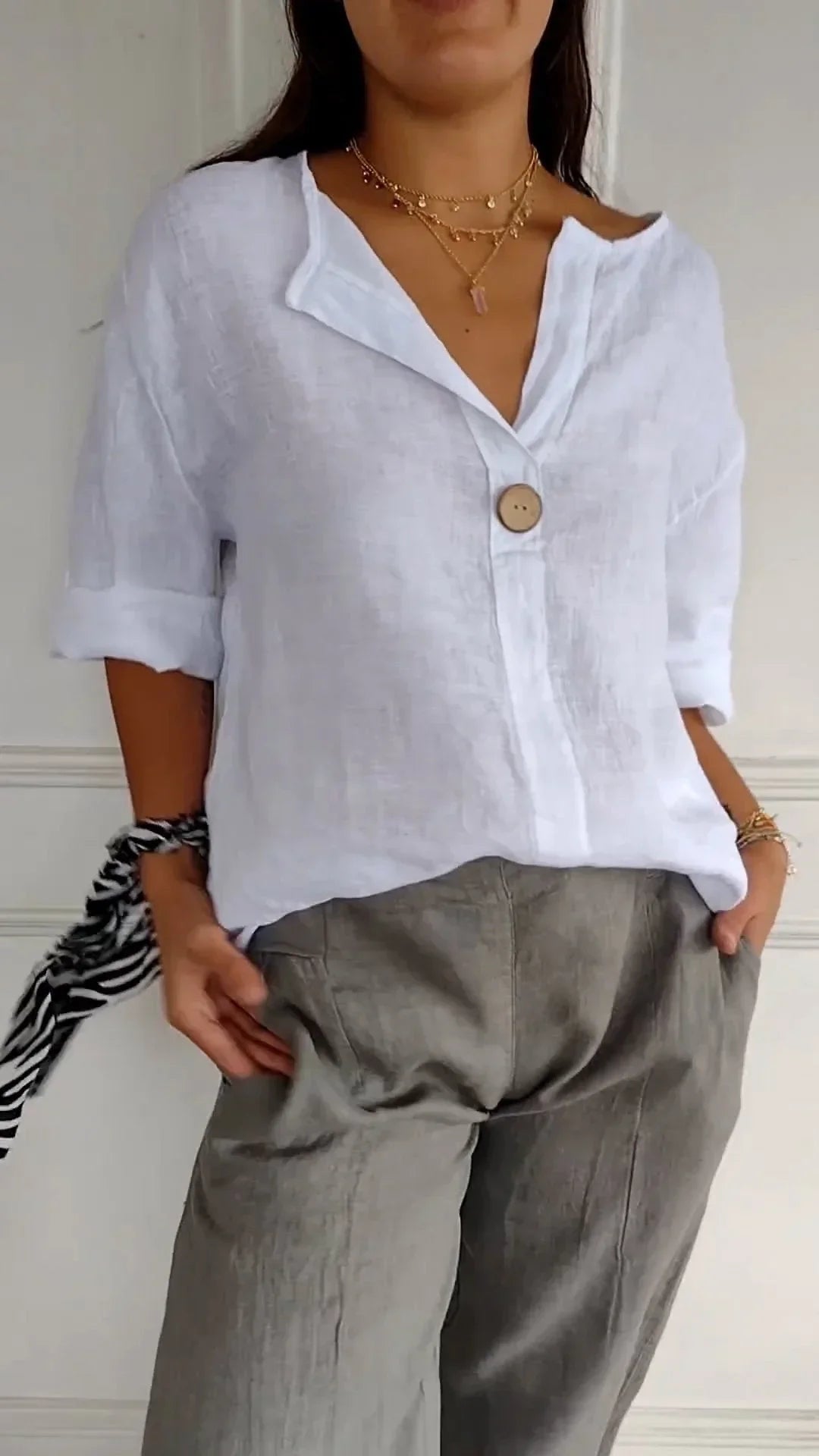 Ivory Blouse | Loose Fit 3/4 Sleeve Casual Button-Front Top