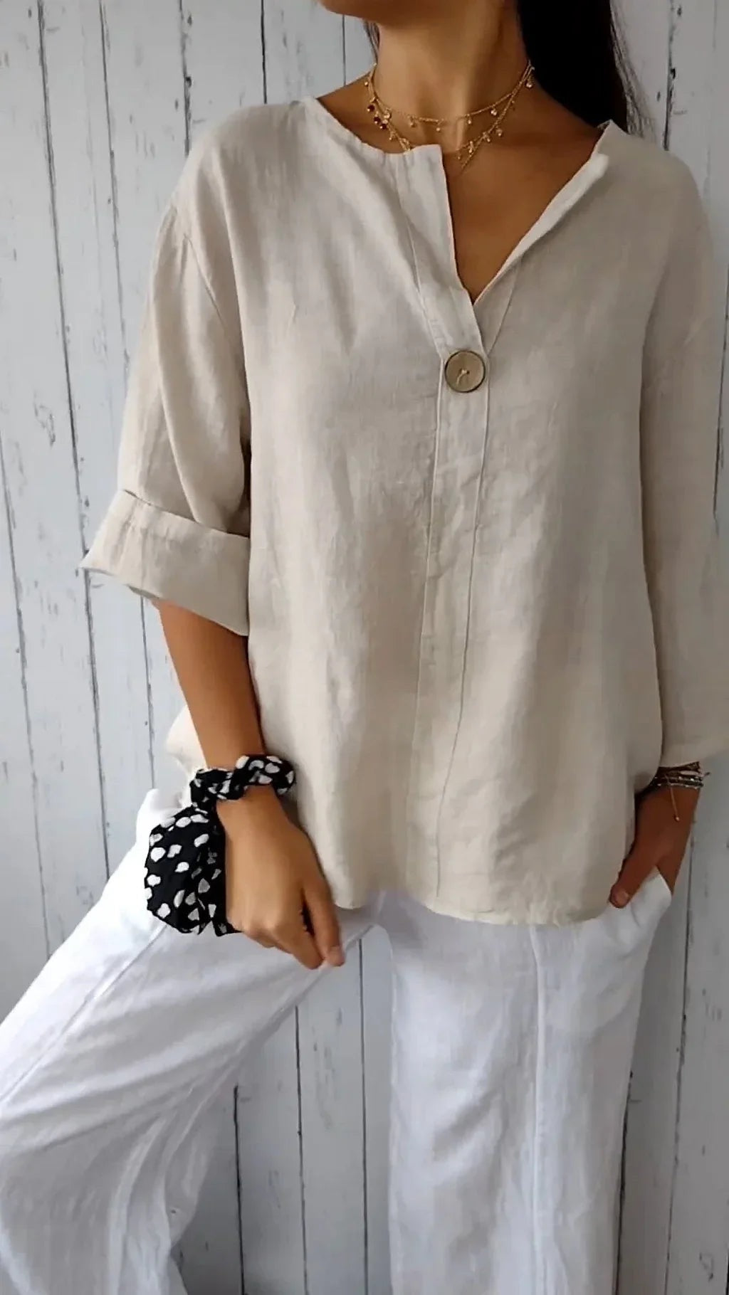 Ivory Blouse | Loose Fit 3/4 Sleeve Casual Button-Front Top
