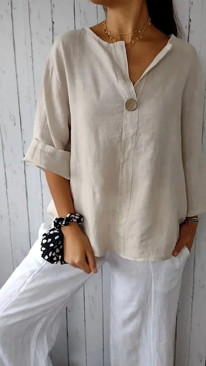 Ivory Blouse | Loose Fit 3/4 Sleeve Casual Button-Front Top