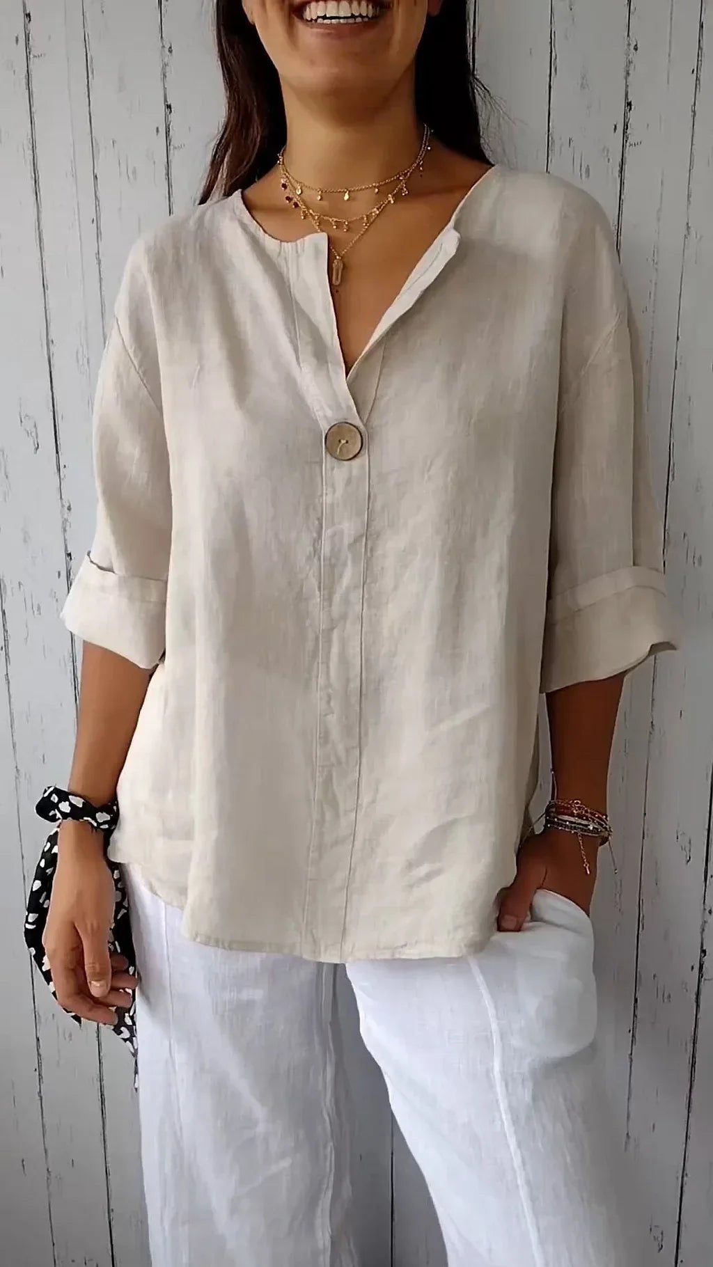Ivory Blouse | Loose Fit 3/4 Sleeve Casual Button-Front Top