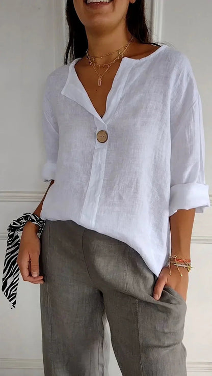 Ivory Blouse | Loose Fit 3/4 Sleeve Casual Button-Front Top