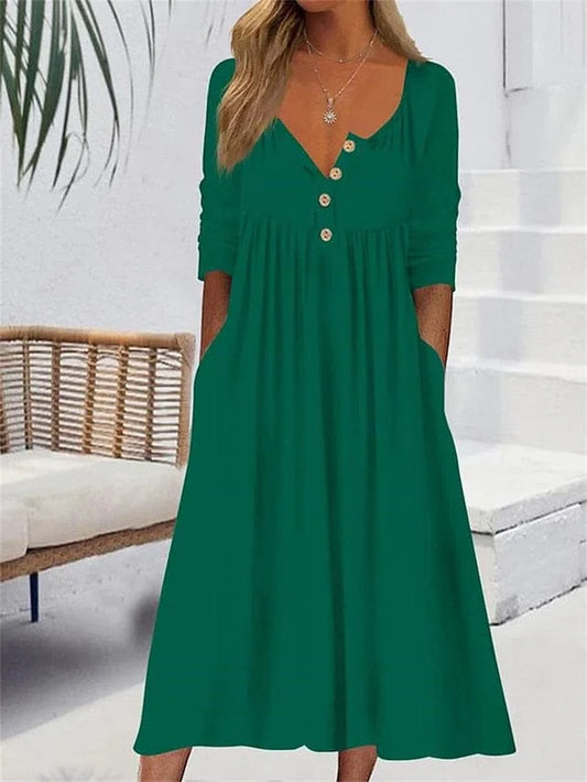 Izla Dress | V-Neck Button Front Midi Dress with Pockets