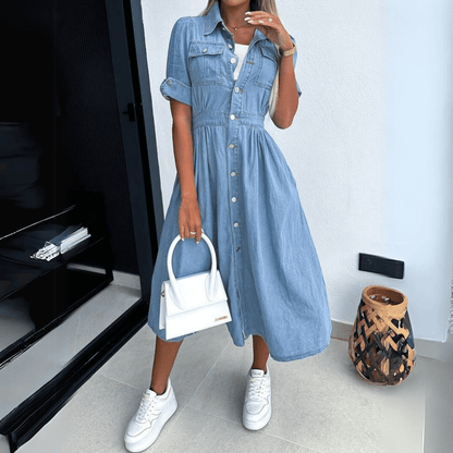 Lumi Dress | Denim Midi Dress with Belted Waist
