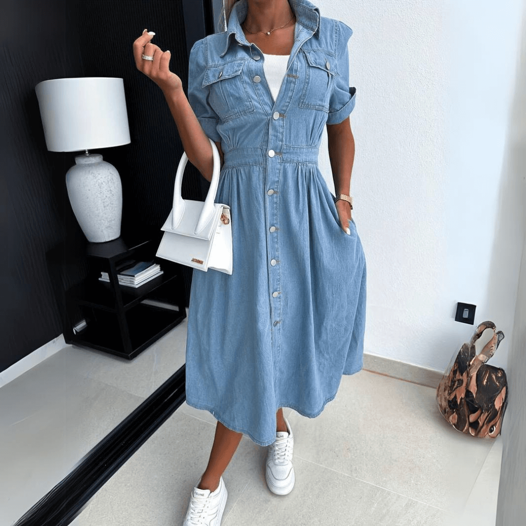 Lumi Dress | Denim Midi Dress with Belted Waist
