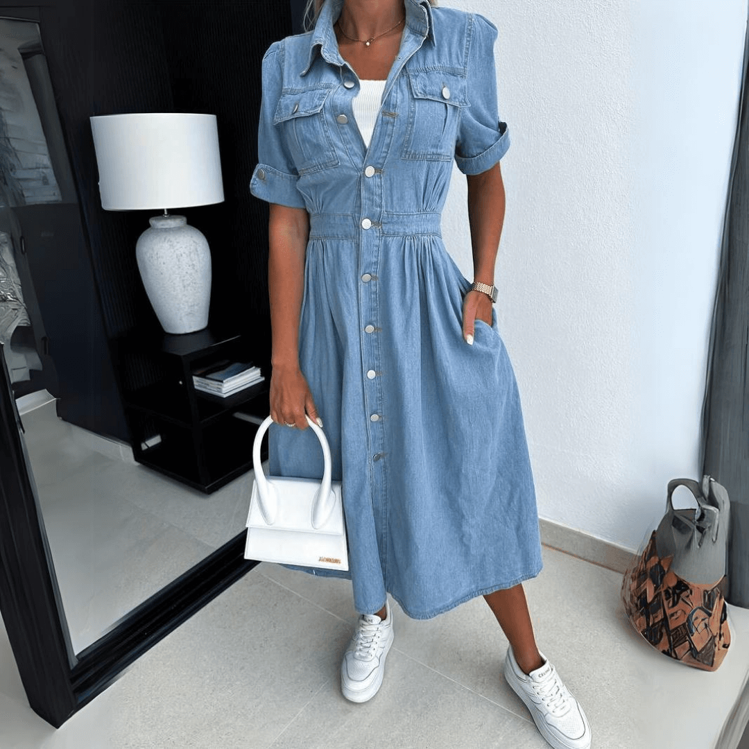 Lumi Dress | Denim Midi Dress with Belted Waist