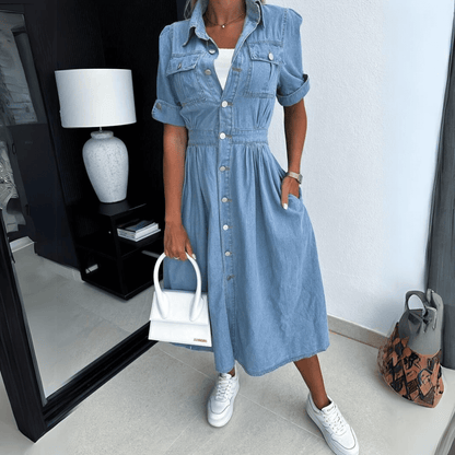 Lumi Dress | Denim Midi Dress with Belted Waist