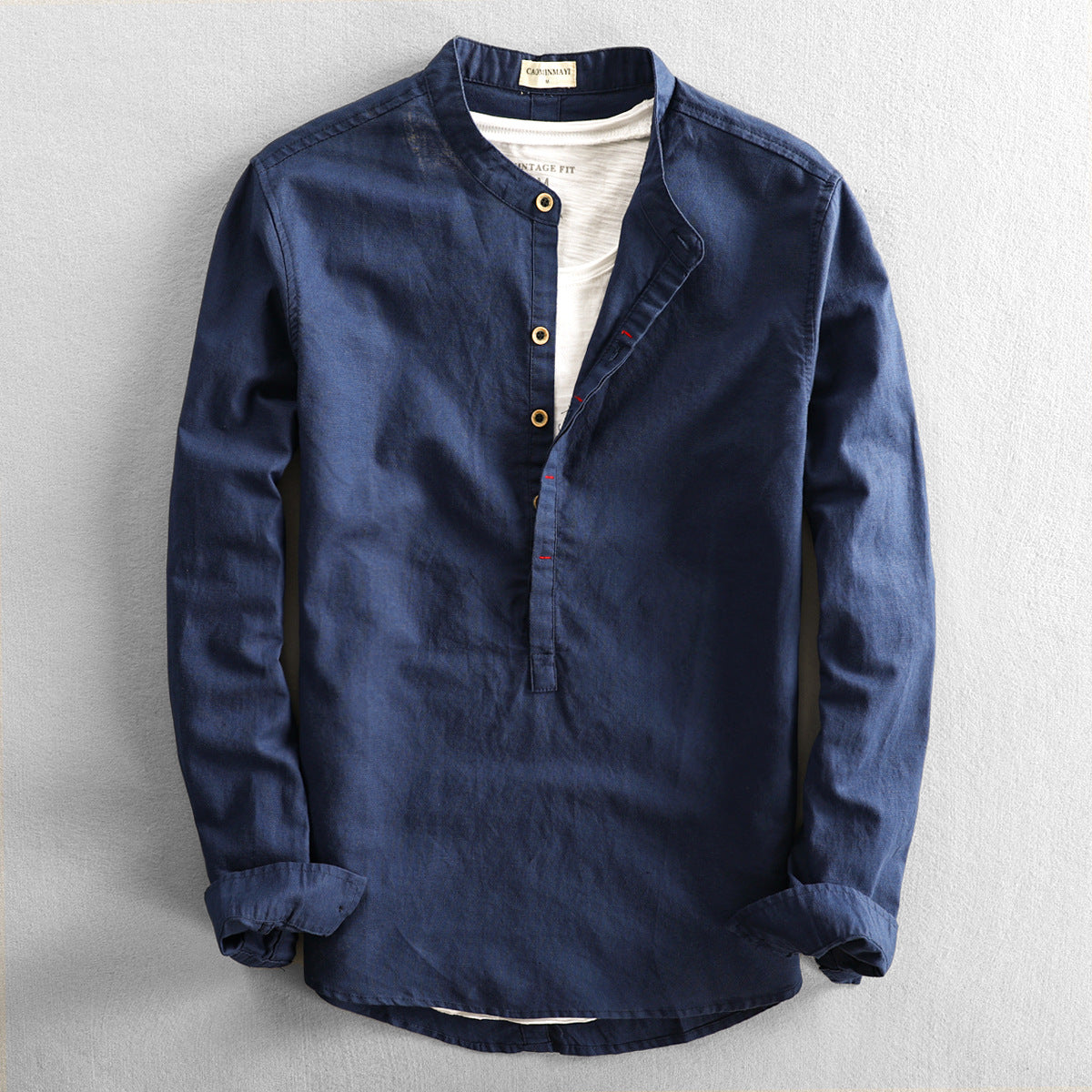Makell Shirt | Men's Light Blue Long-Sleeve Stand Collar Top for Smart-Casual Style