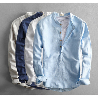 Makell Shirt | Men's Light Blue Long-Sleeve Stand Collar Top for Smart-Casual Style