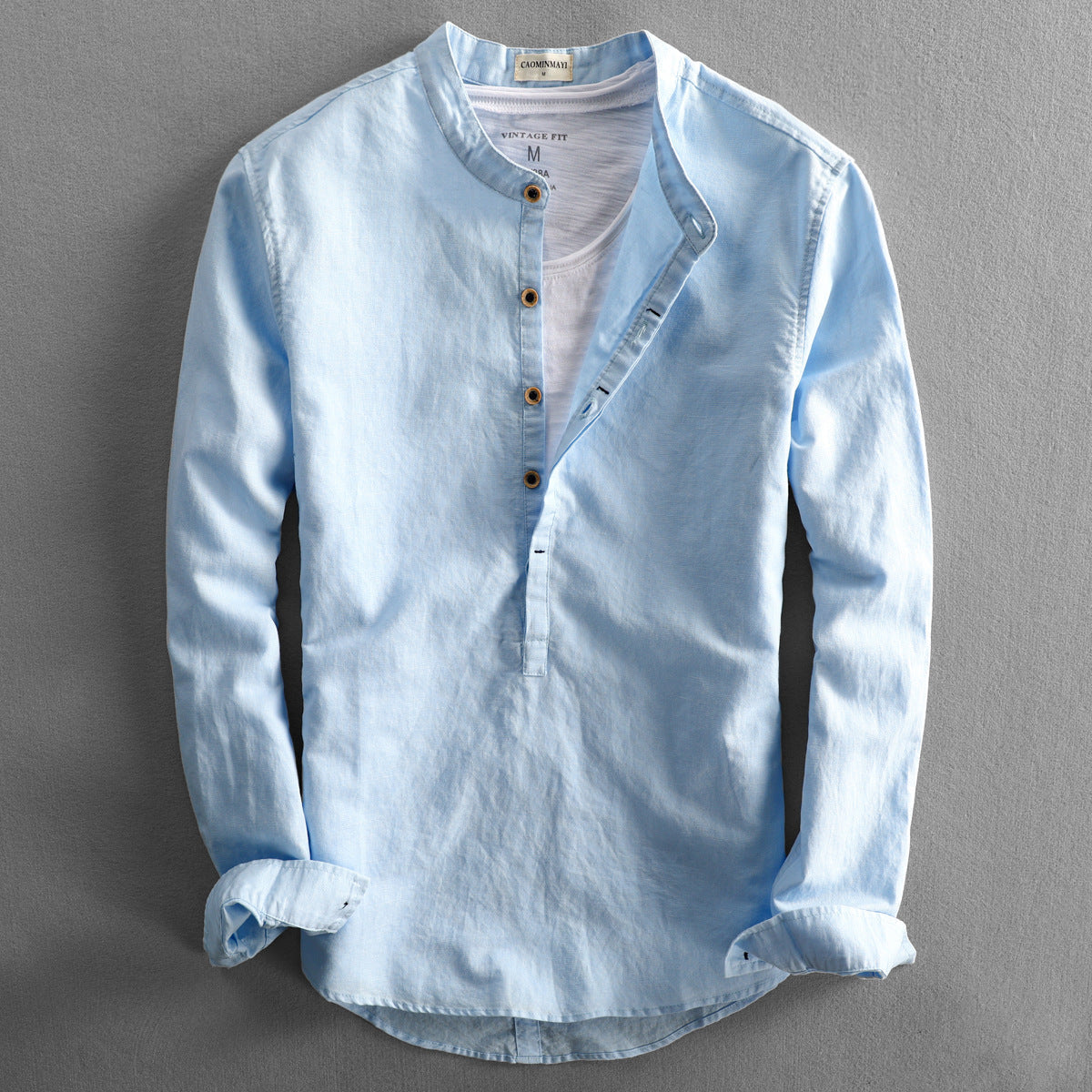 Makell Shirt | Men's Light Blue Long-Sleeve Stand Collar Top for Smart-Casual Style