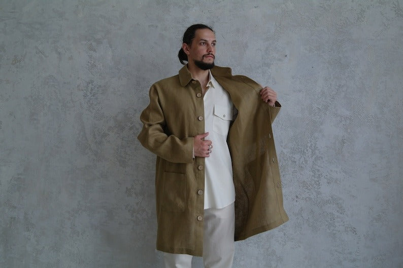 Men’s Linen Coat - Mid-Weight Linen Trench Coat for Men